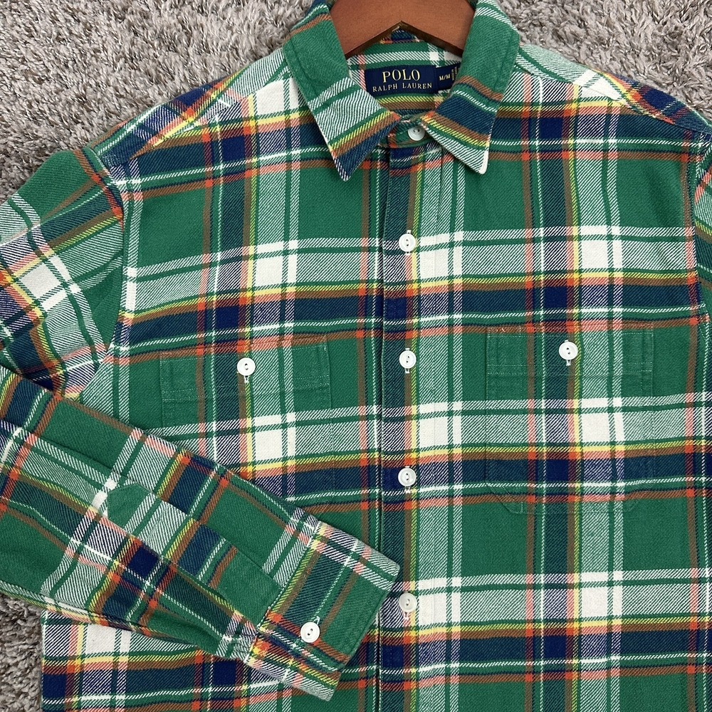 Polo Ralph lauren shirt Mens M chin strap workshirt Green Flannel Thick Plaid